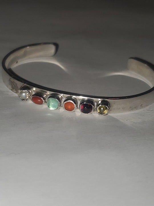 Vintage Taxco signed Navajo sterling silver multi stone cuff bracelet