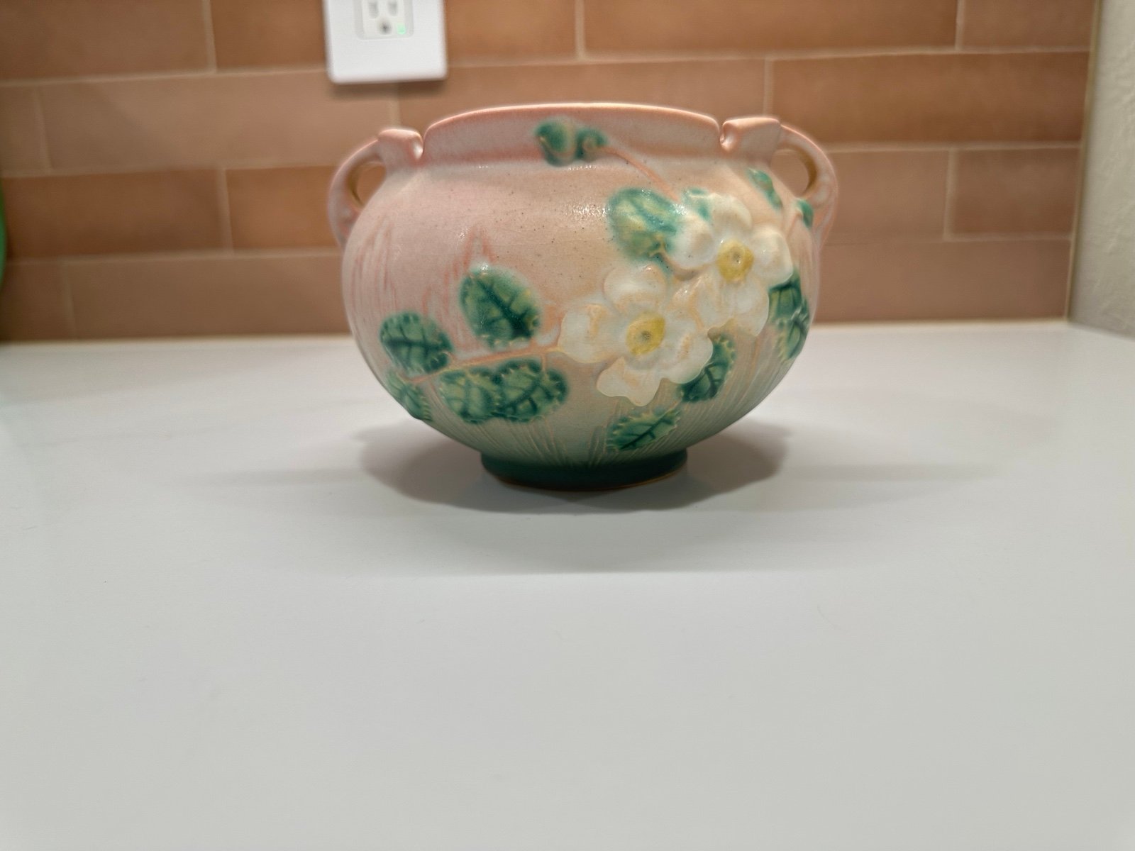 Roseville Pottery White Rose Jardiniere, Shape 653-4, Coral/Pink