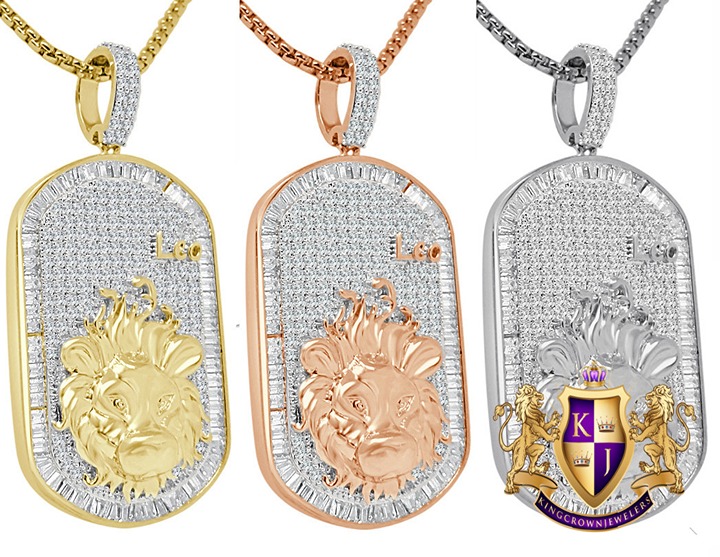 14K Gold Finish Baguette Zodiac Sign Leo Lion Dog Tag Pendant Charm Chain Set