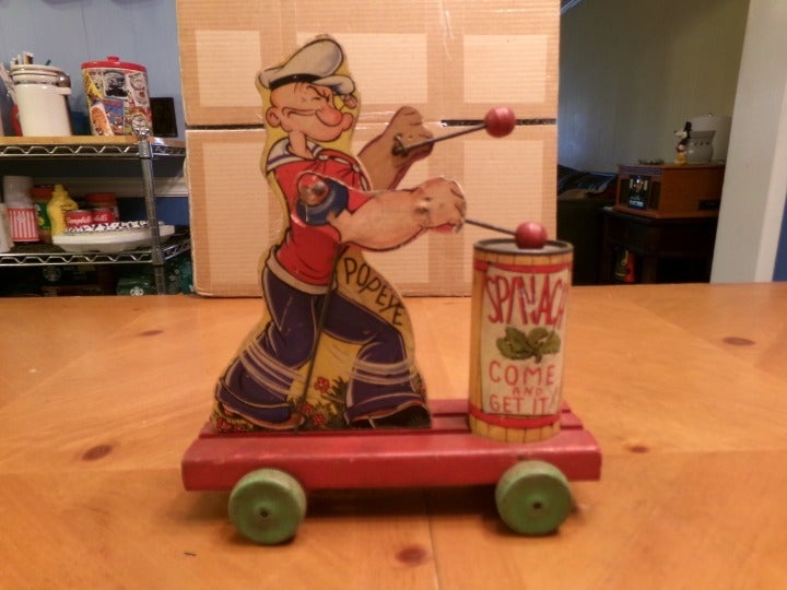 VERY RARE FISHER PRICE PULL TOY # 488 POPEYE SPINACH EATER DRUMMER 1939 - 1940