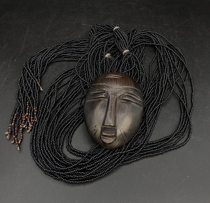 African Wood Woman Face Mask Pendant Black Seed Bead Long Necklace or Belt