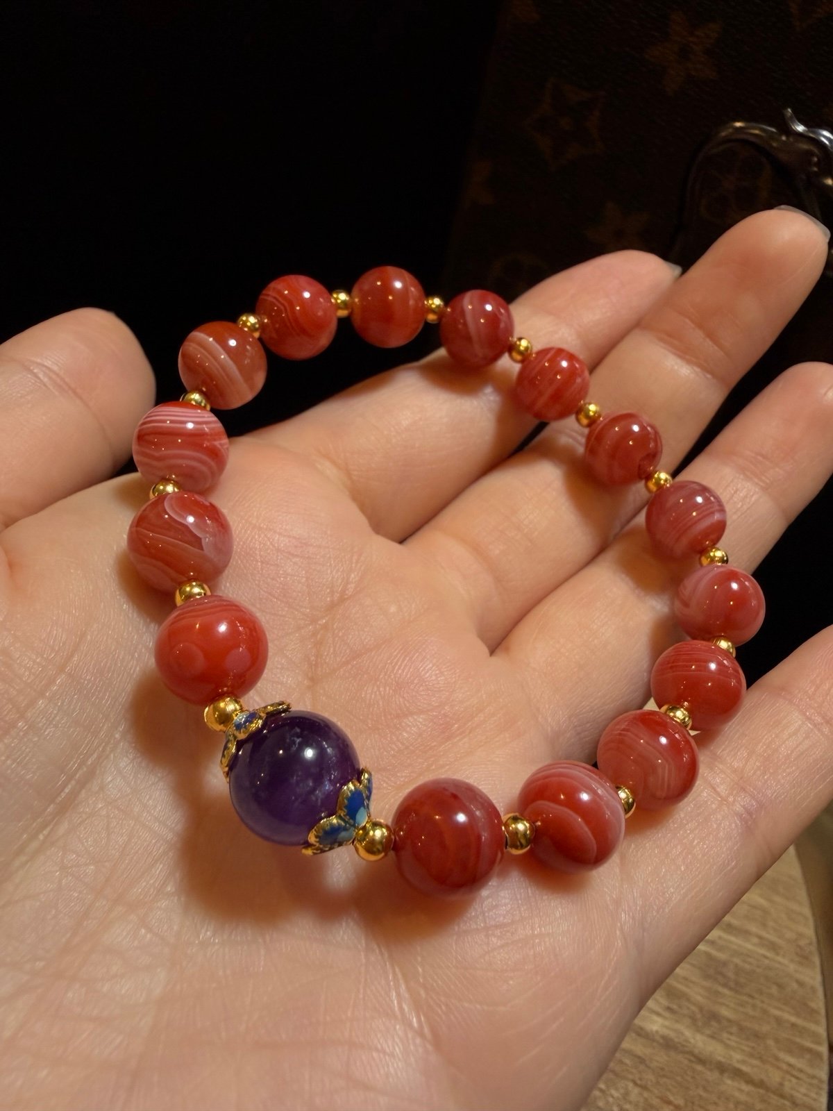 Natural South Red Agate & Amethyst Bracelet Bead Size: 9mm