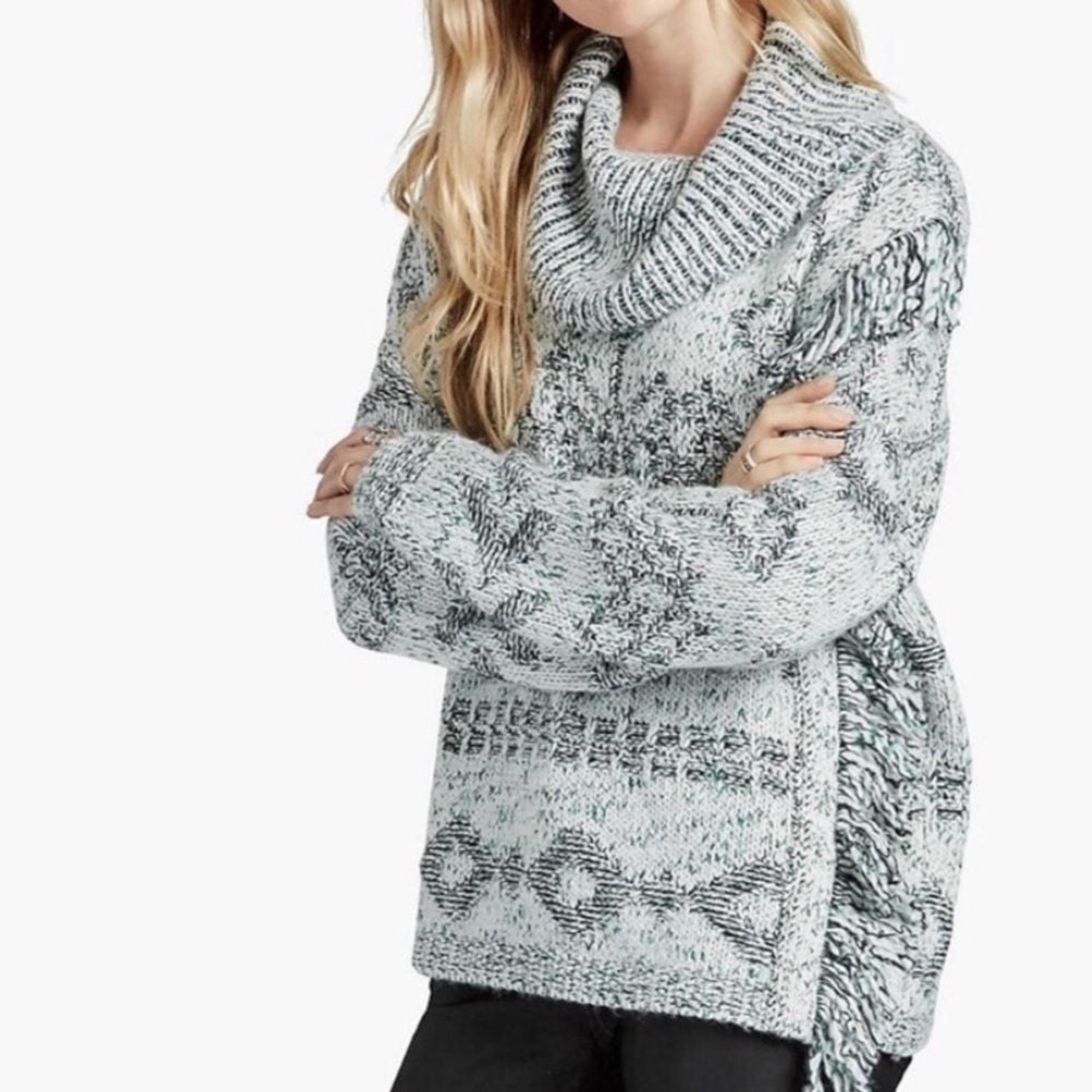 Lucky Brand Women's Cowl Neck Aztec Fringe Wool Blend Sweater Medium