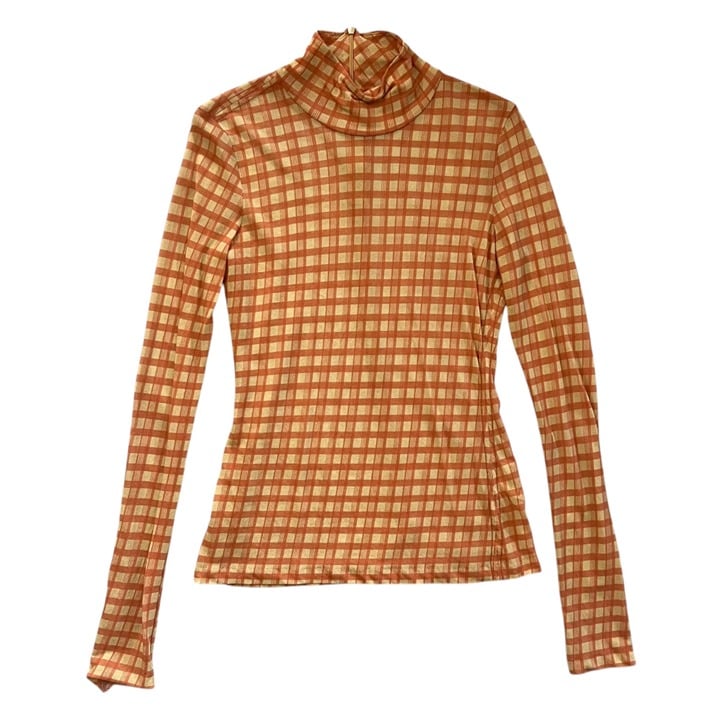Acne Studios Womens Plaid Mock Neck Long Sleeve Mesh Top Orange Small Rave