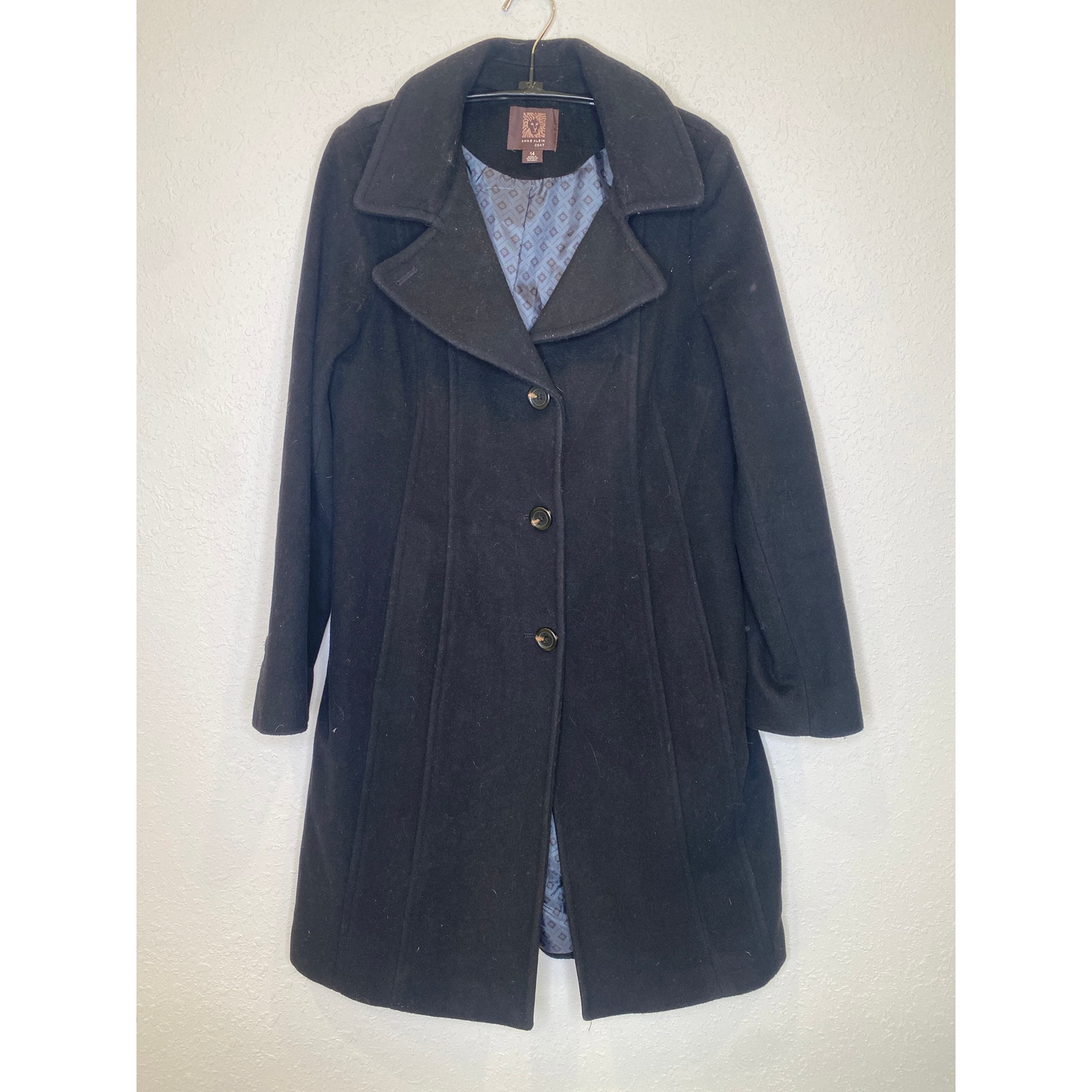 Anne Klein Black Wool Cashmere Button Closure 
Overcoat Lined EUC Sz 14 Warm