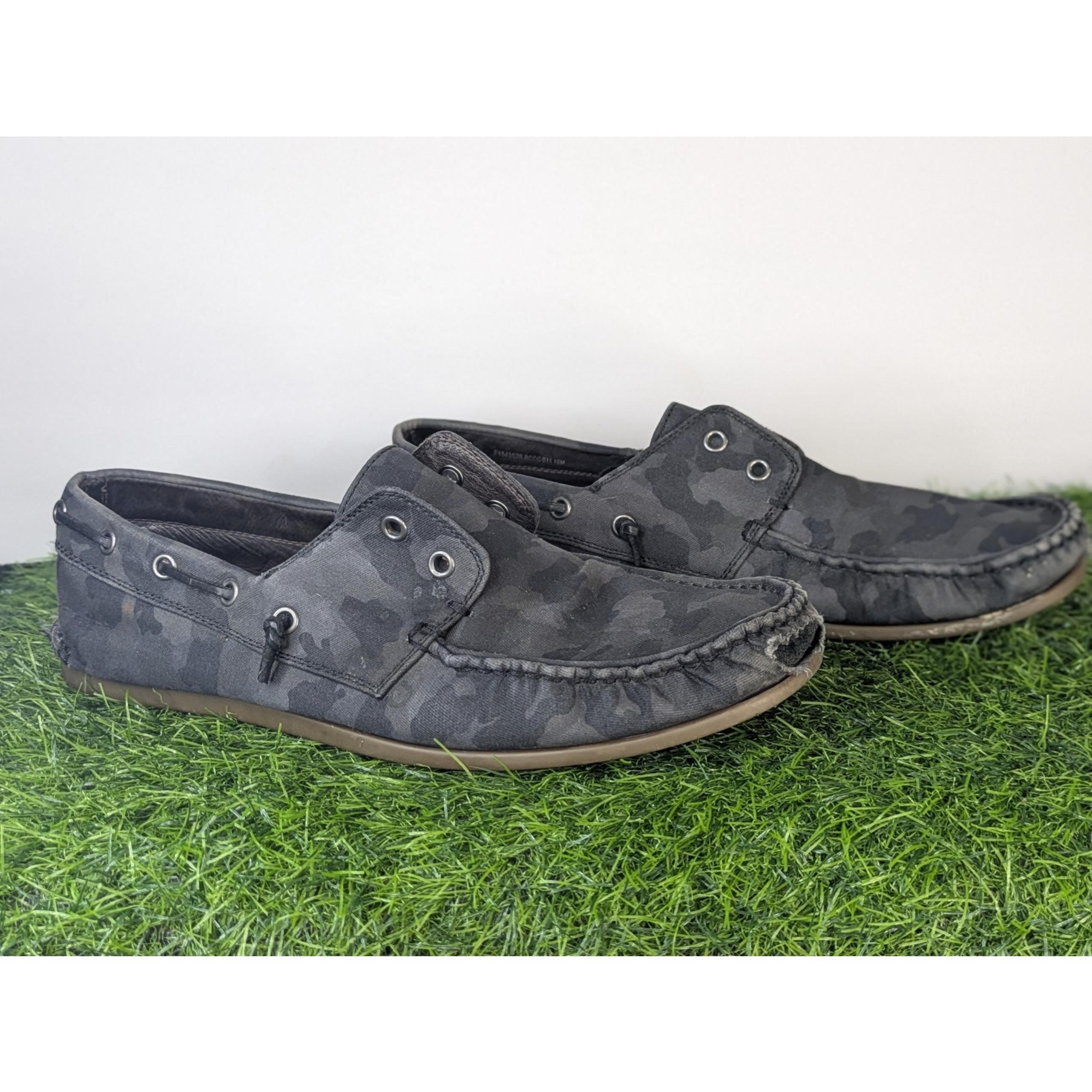 Mens USA 10M John Varvatos Camo Schooner Boat Shoes Boot Black Slip On Loafers