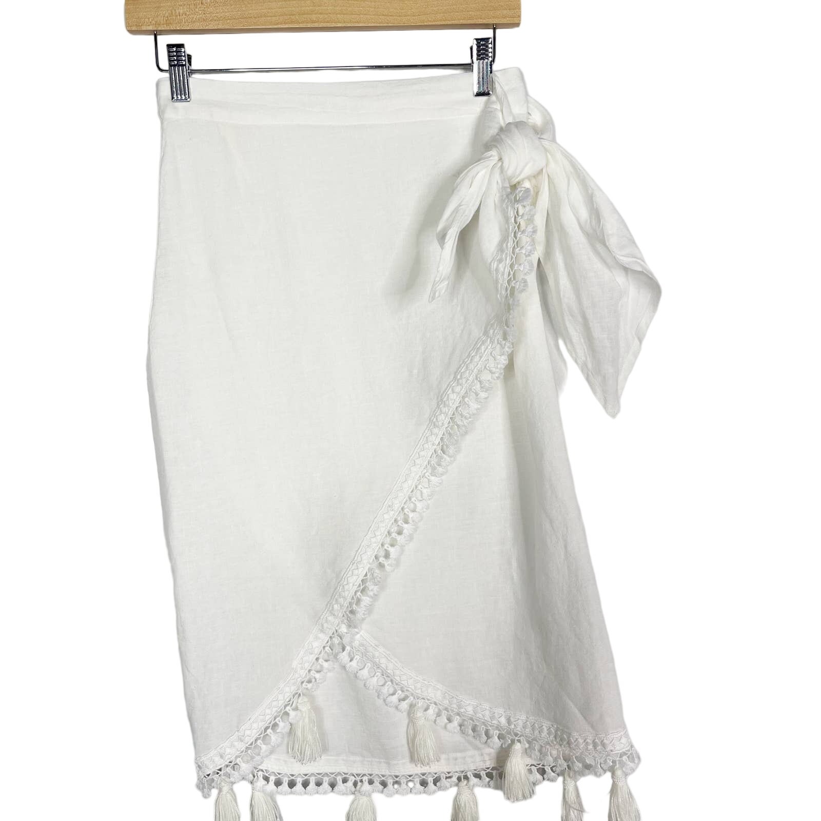 Waimari XSmall XS White Linen Tie Waist Wrap Skirt with Tassels Beach Coverup
