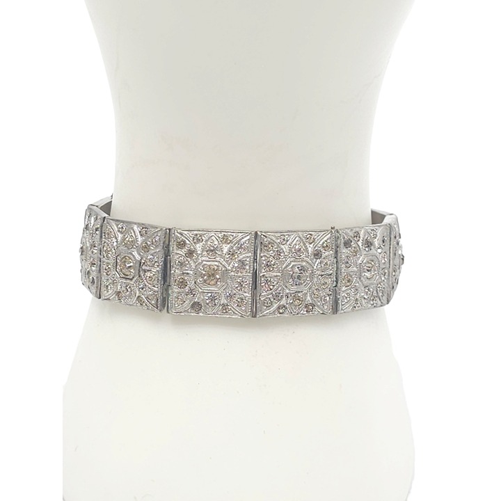 Nov-E-Line Faceted Rhinestone Hinged Stamped Link Bracelet Silver Tone Vintage