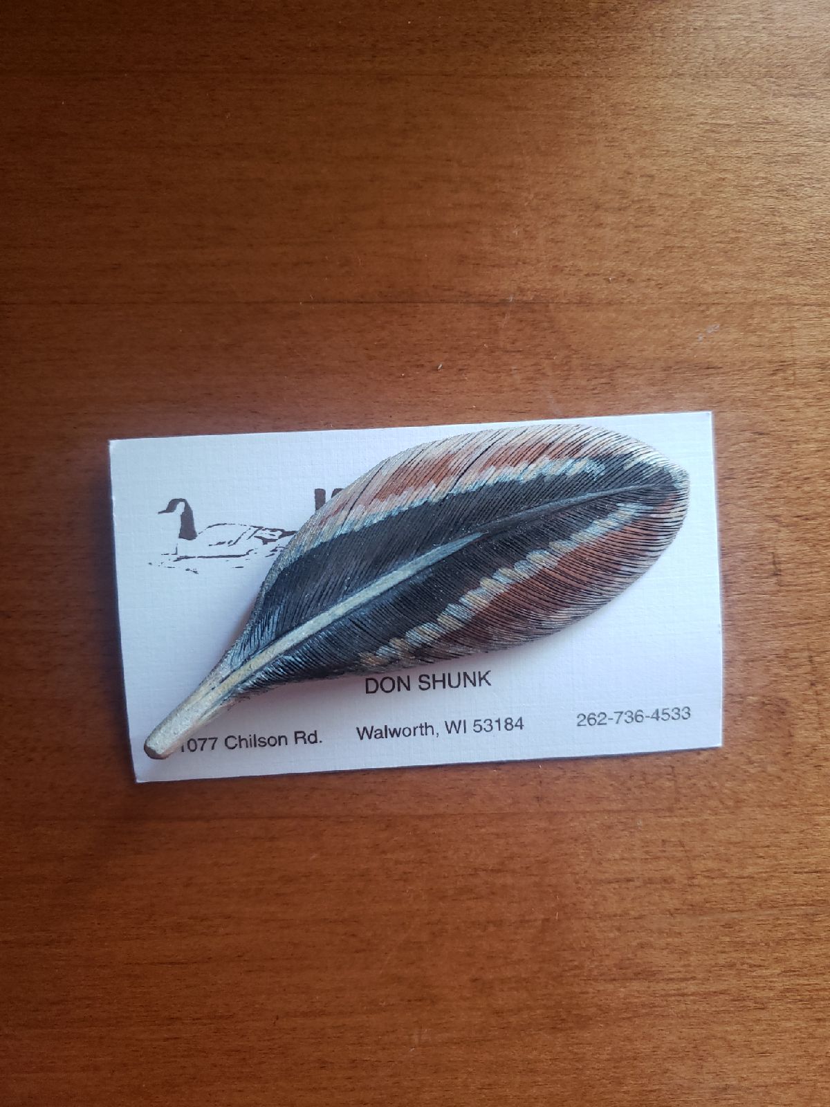 Hand carved wooden feather pin