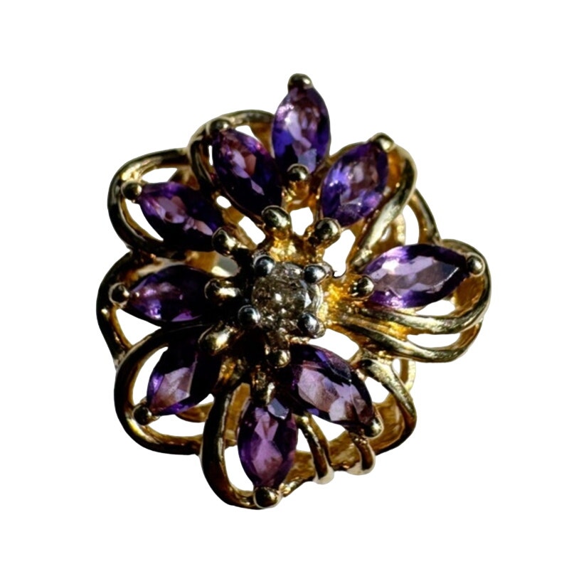 Vintage 10k Gold Amethyst Diamond Ring - Size 7 Signed