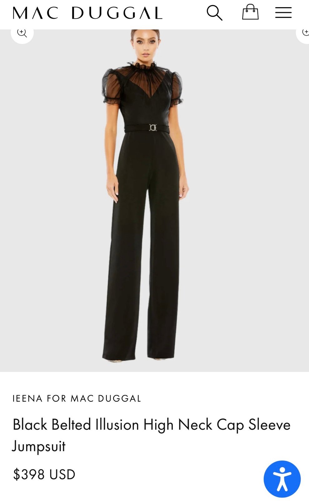 IEENA FOR MAC DUGGAL Black Belted Illusion High Neck Cap Sleeve Jumpsuit size 8