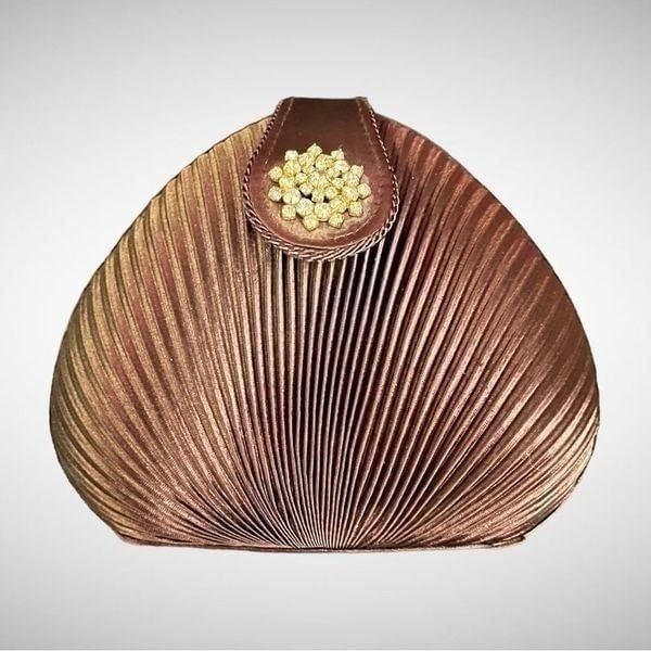 Vintage Sasha Brown Pleated Satin Evening Handbag With Rhinestone Clasp