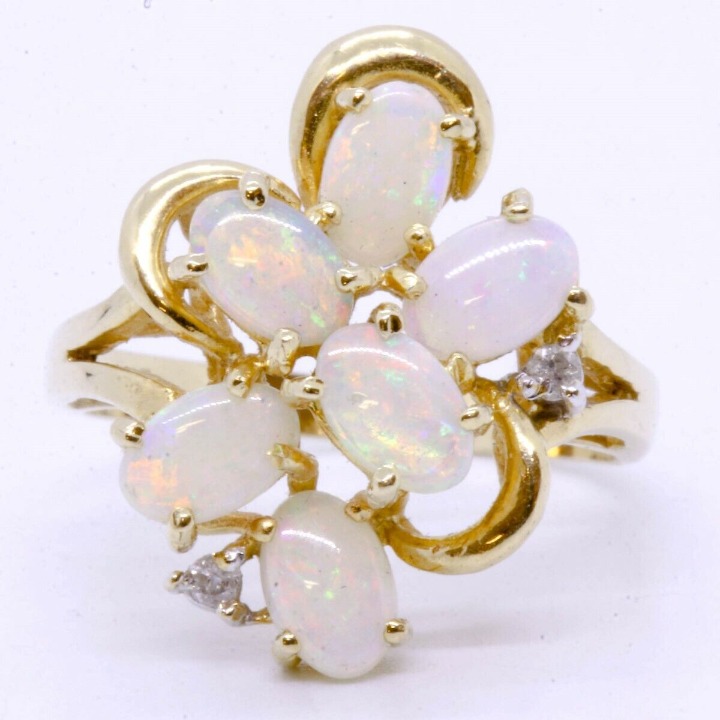 14K Yellow Gold Oval Opal & Diamond Funky Cluster Cocktail Ring Sz 7.5 LP2103113