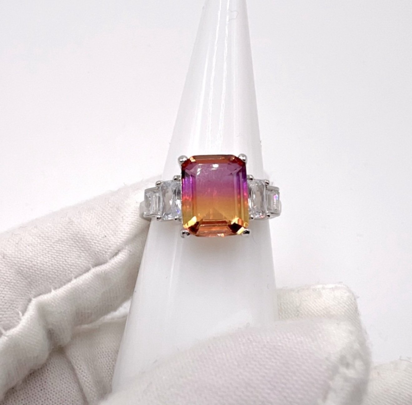 White Gold Plated/.925 Sterling Silver Padparadscha Sapphire Cz Ring