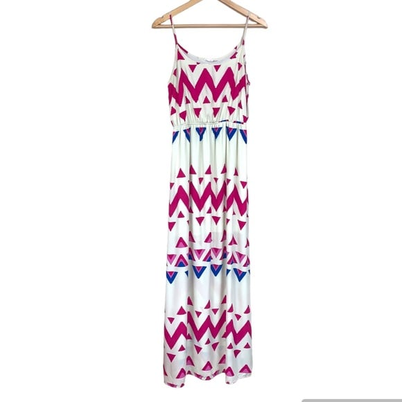 PEACH LOVE CALIFORNIA Maxi Dress Women’s Large Summer White Pink Geometric Flo