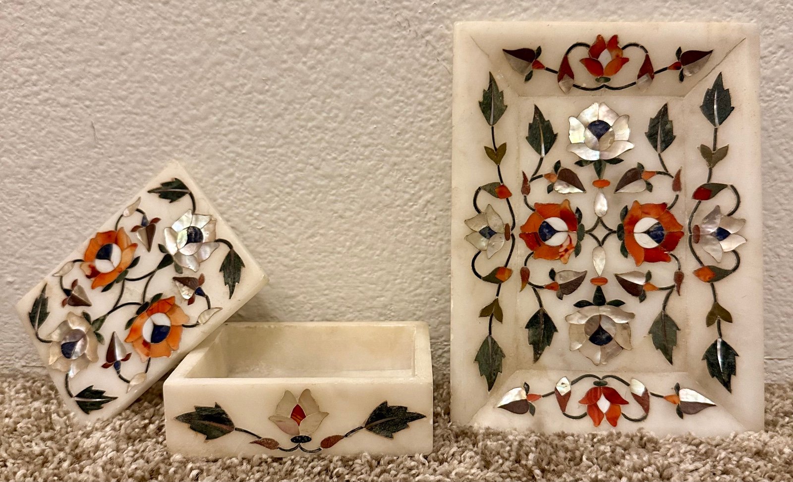 Vintage Indian Marble Pietra Dura Jewelry Box & Tray Inlaid with Malachite