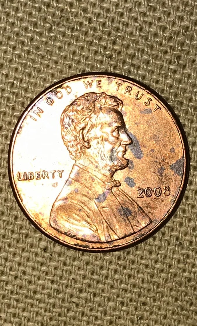 2008 Close AM Penny With Carbon Spots, No Mint Mark