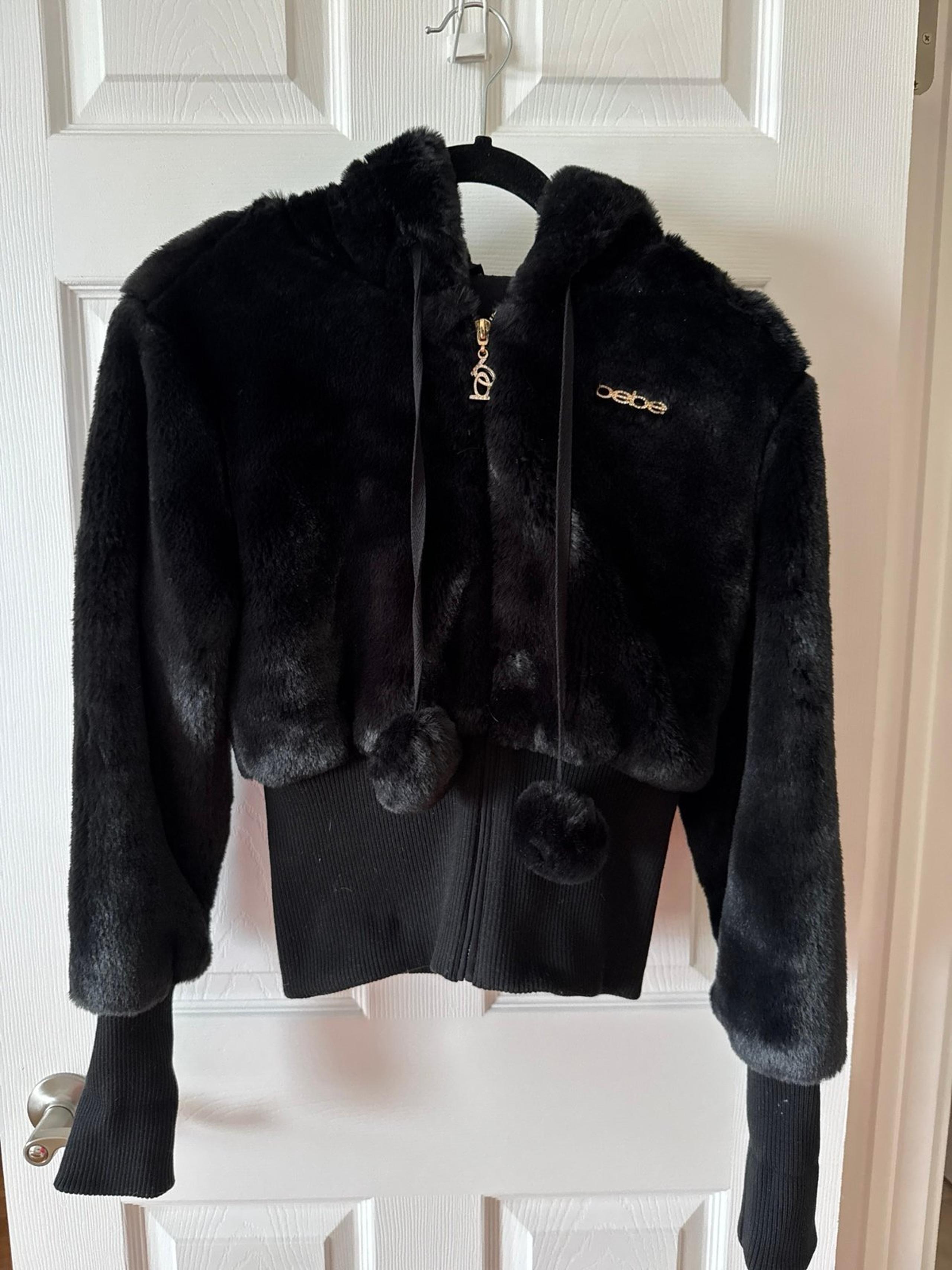 Bebe Coat Size S Women faux Fur Hood cropped