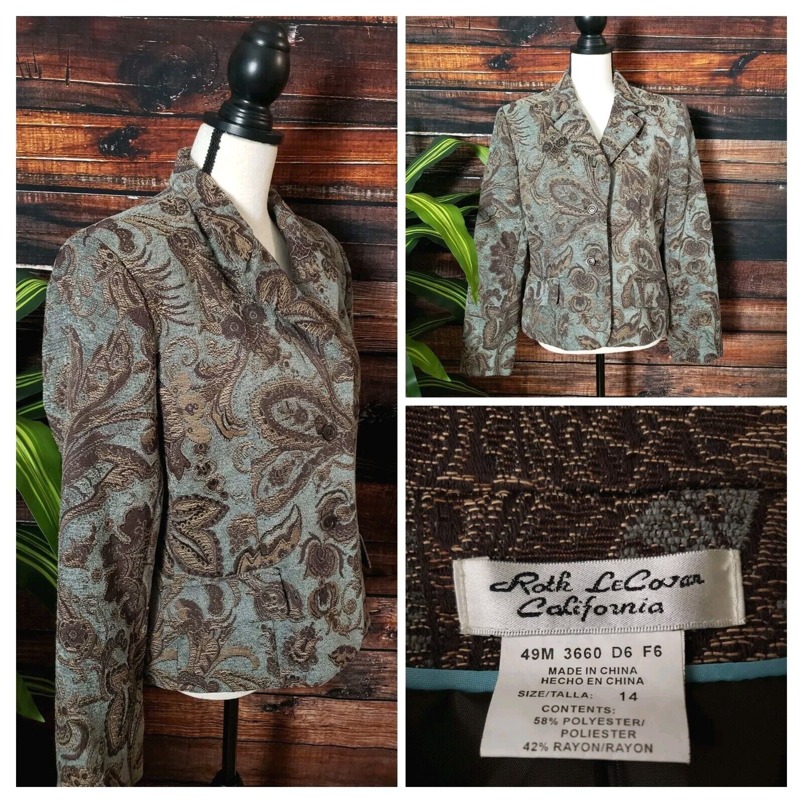 Roth LeCover Size 14 Turquoise Brown Tapestry Woven Floral Blazer Jacket Lined