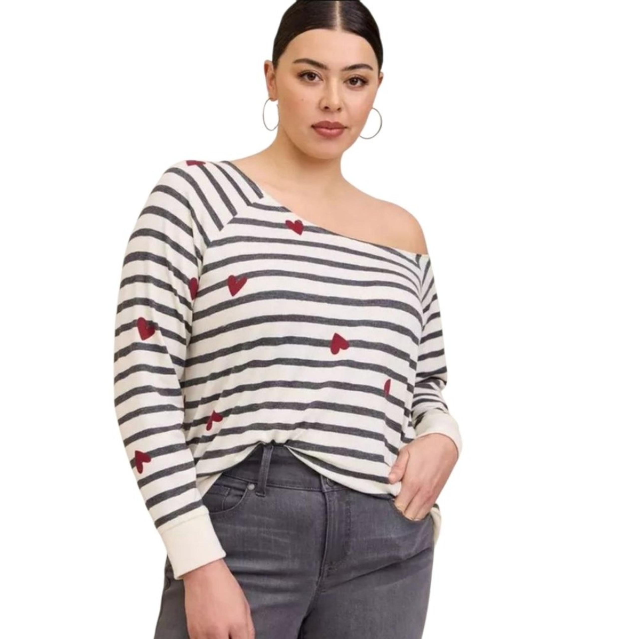 Torrid Off-Shoulder Lt Weight French Terry Stripe & Hearts Sweatshirt Size 1 1x