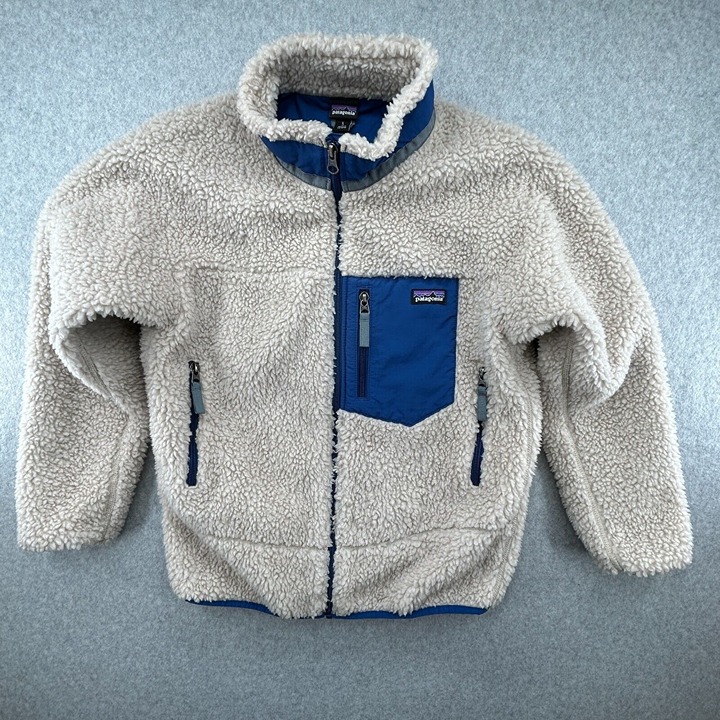 Patagonia Kids Retro-X Jacket Size L (12) Beige Blue Full Zip Chest Pocket