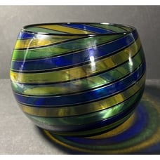 1999 ISOLA Hand Blown Glass Bowl Scott Benefield Blue Green Yellow Swirls Rare