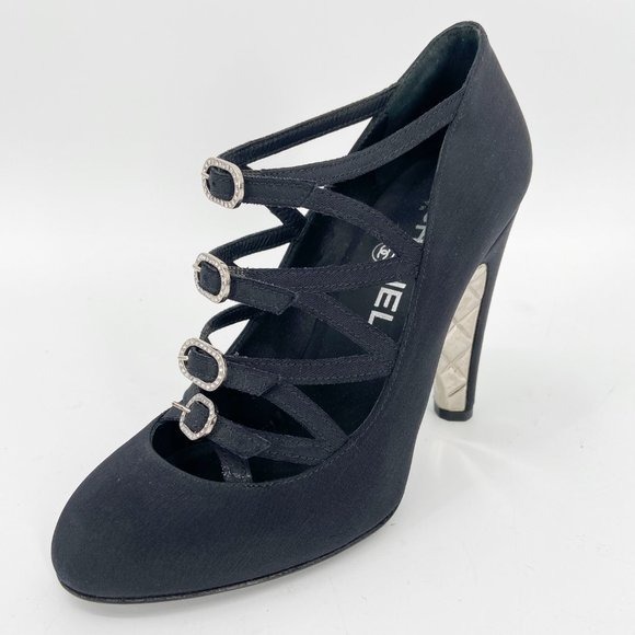 CHANEL Black Quilted Pump Heels Jewel Cage Buckles
