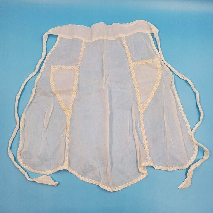 Vintage White Sheer with Gold Thread Ribbon and Ric Rac Retro Half Apron Pockets