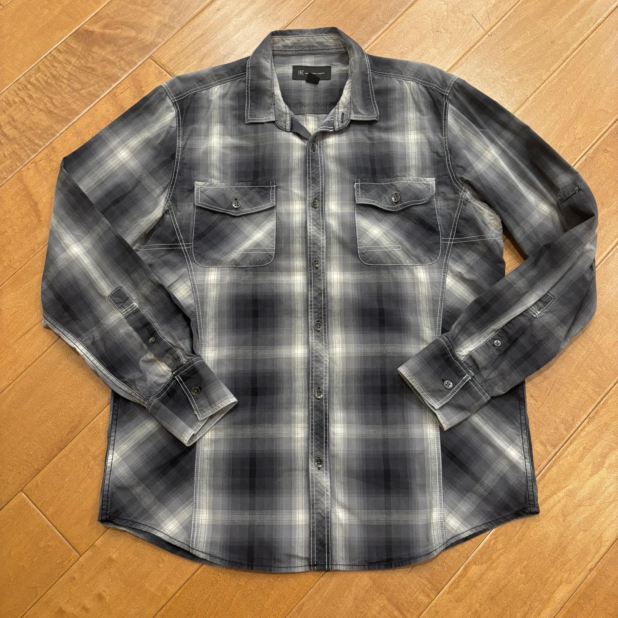 INC International Concepts Men’s Cotton Gray Plaid Button Down Long Sleeve Shirt