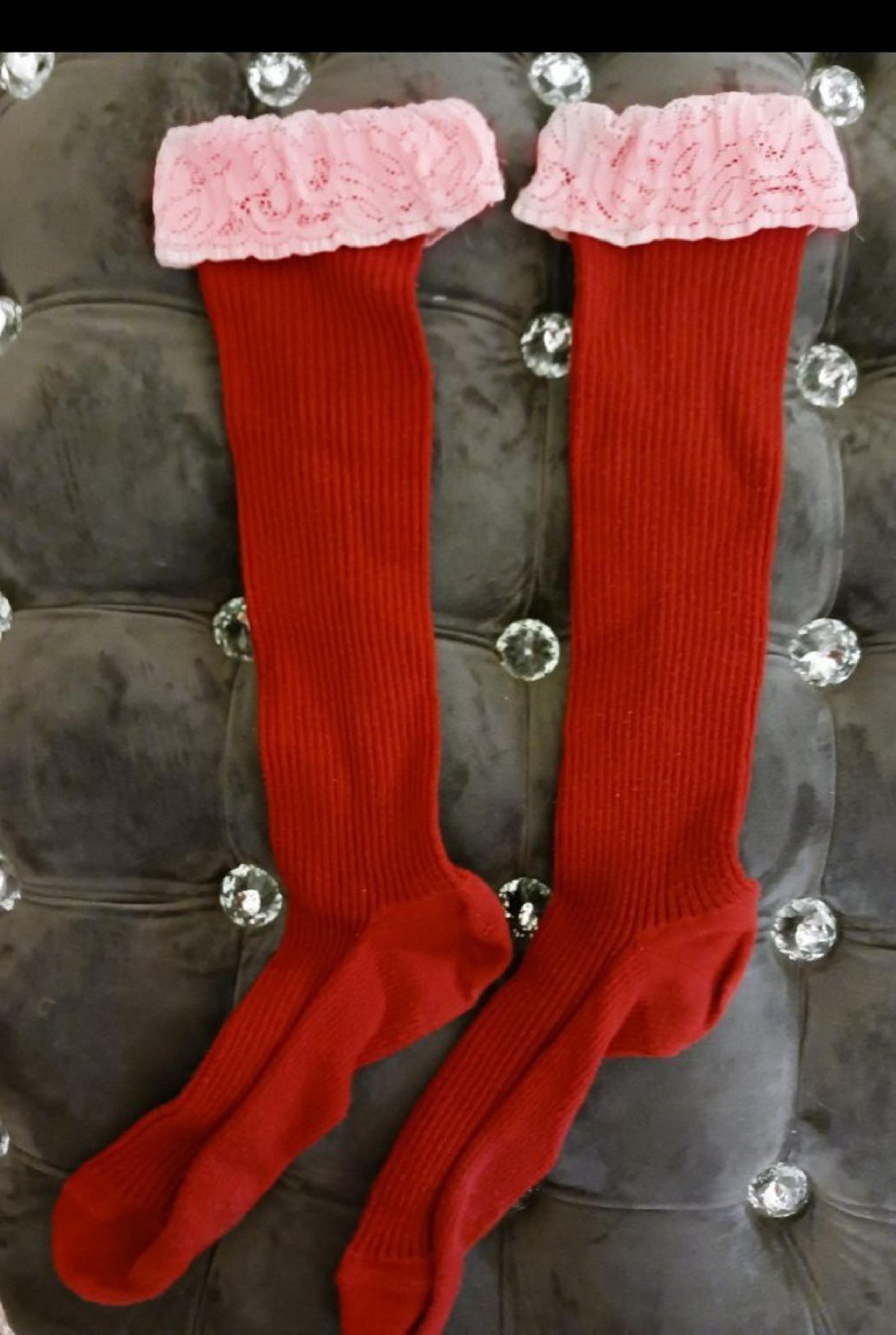 Red Ribbed Baby Pink Lace Trim Mid Calf Socks