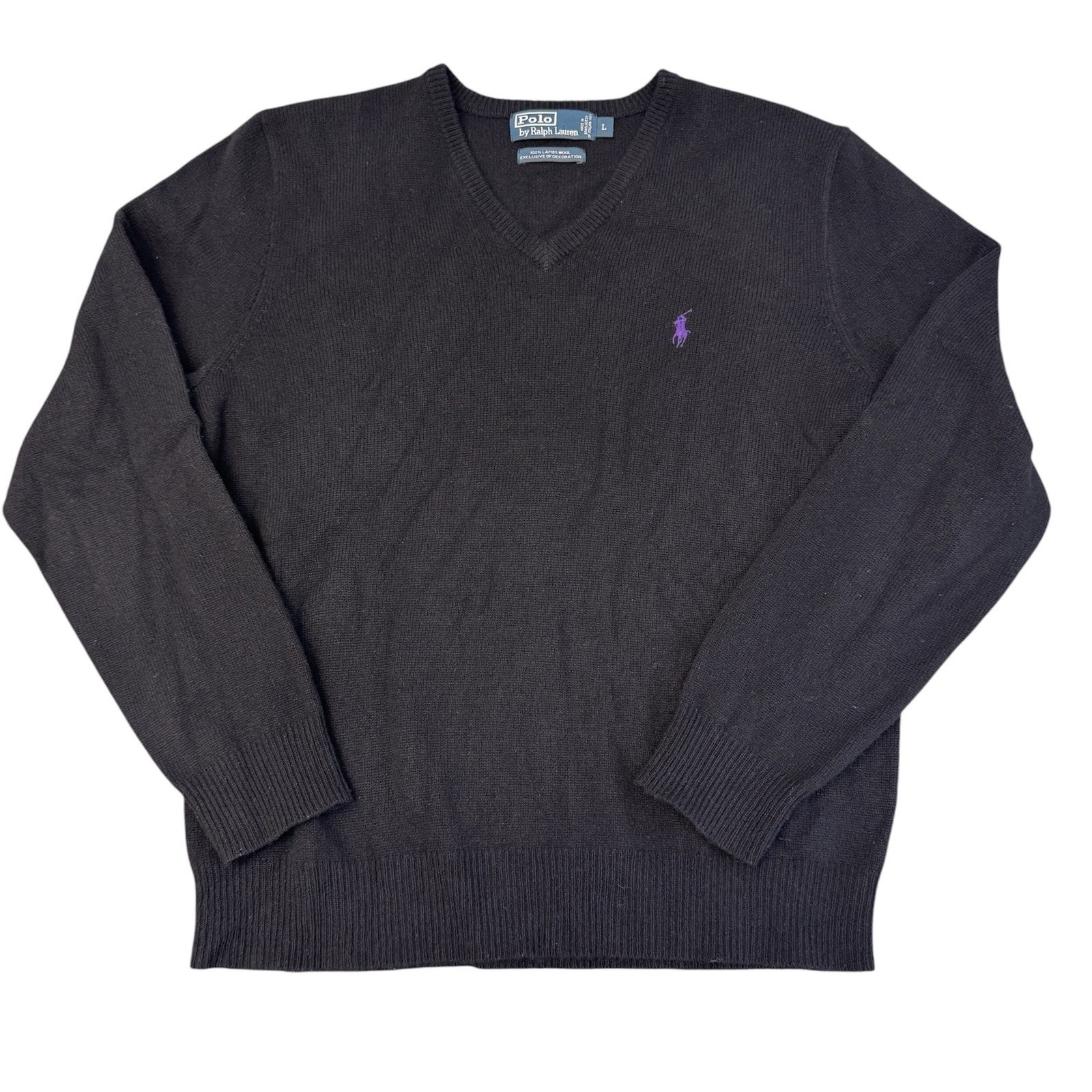 Polo Ralph Lauren Men 100% Lambs Wool L Black V Neck Sweater Logo Preppy Classic