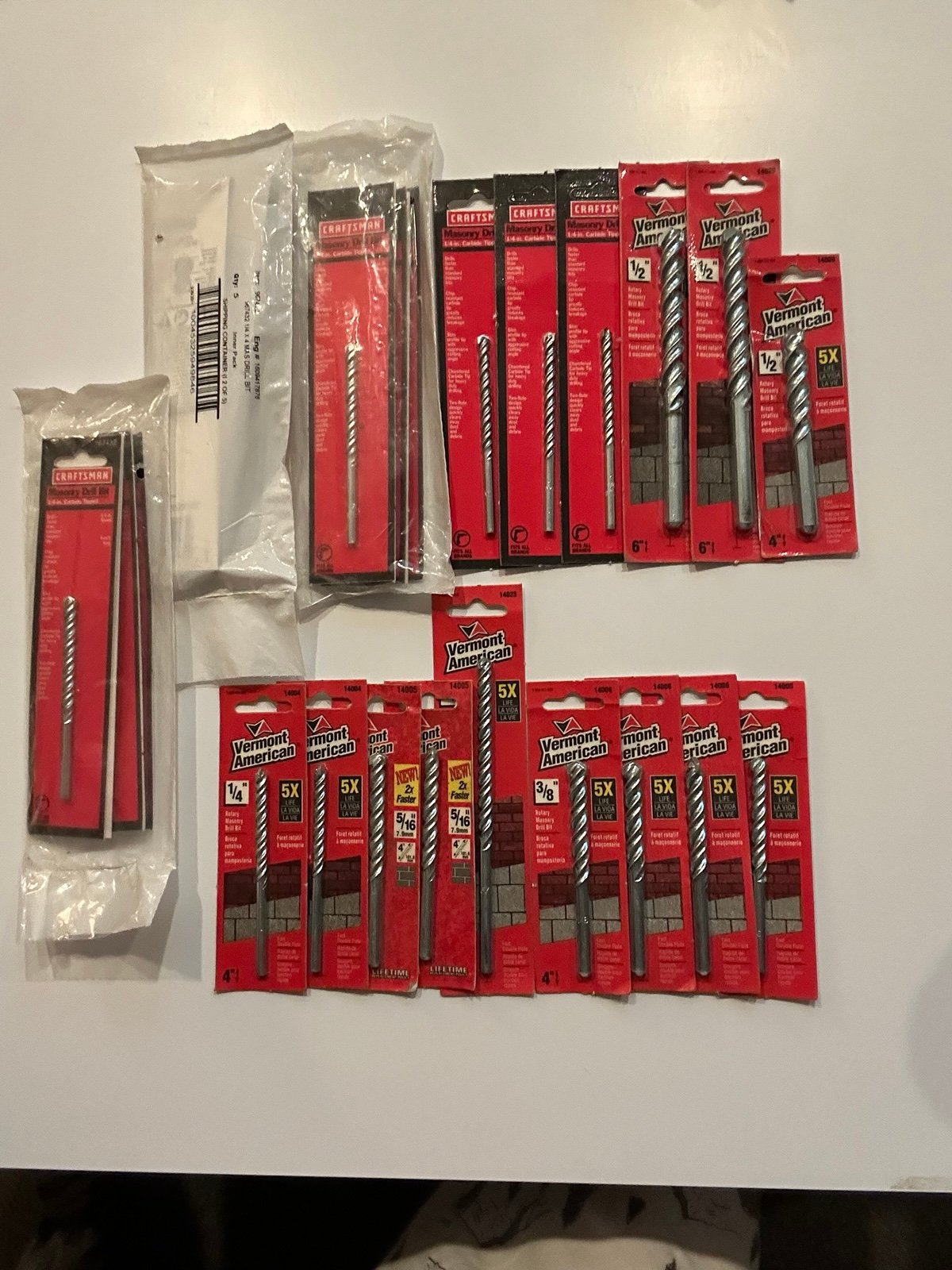 30 BRAND NEW Craftsman & Vermont American Masonry Drill Bits ..1/4,5/16,3/8,1/2