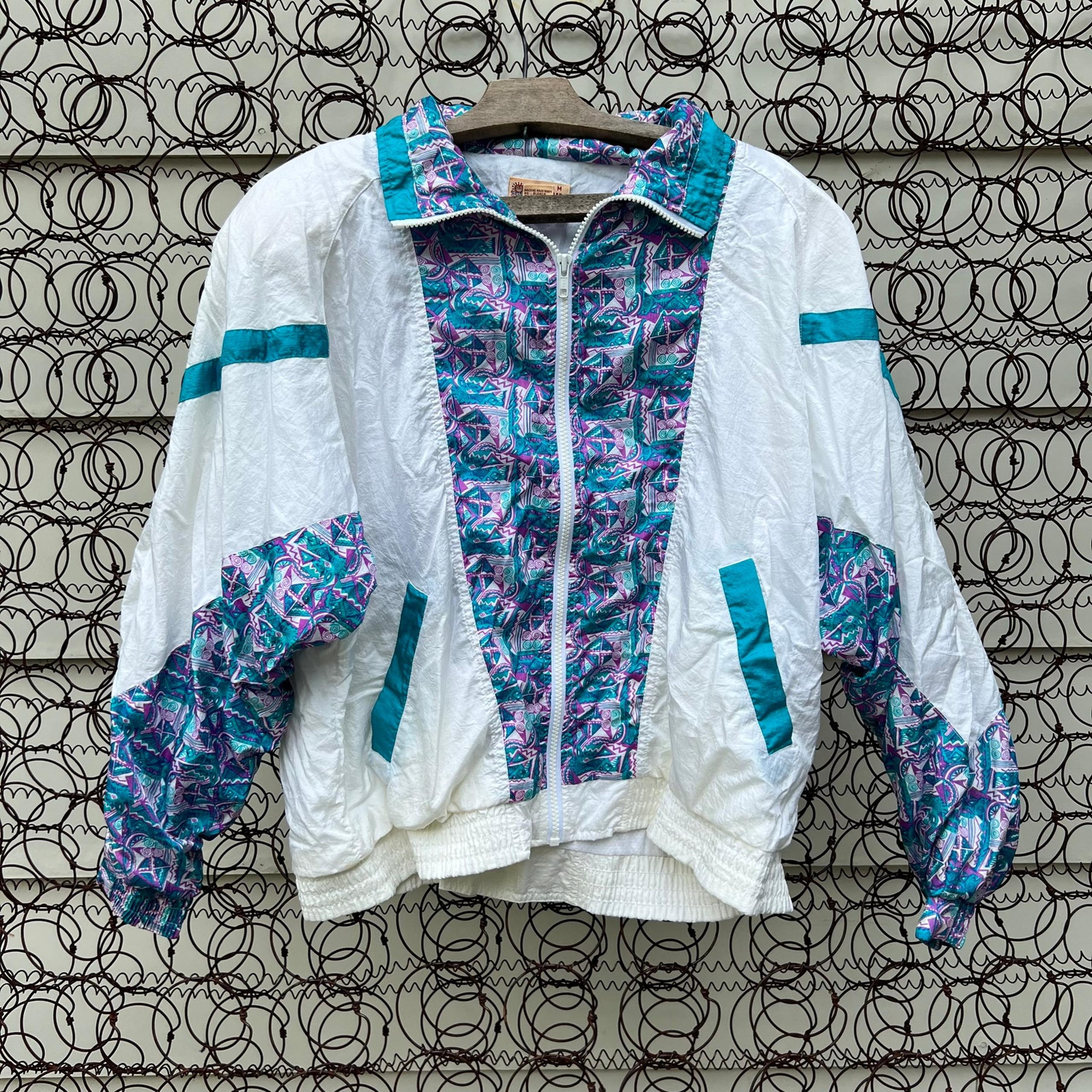 Vintage teal print and white color block windbreaker track suit jacket MEDIUM