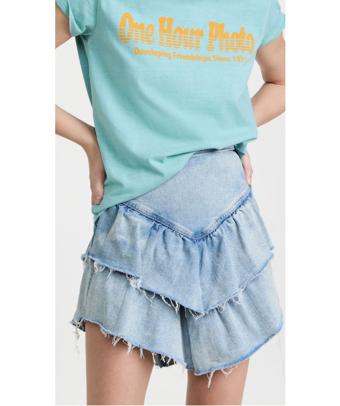 MOTHER The Ruffle Mini Raw Edge Denim Skirt (Size 30)