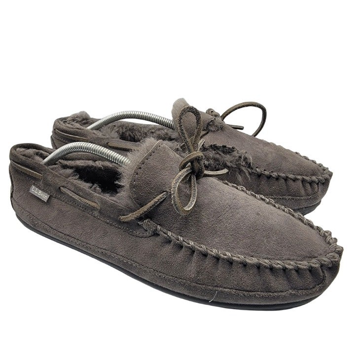LL Bean Wicked Good Moccasin Mens 11M Slippers Grey Suede Shearling Lined 264593