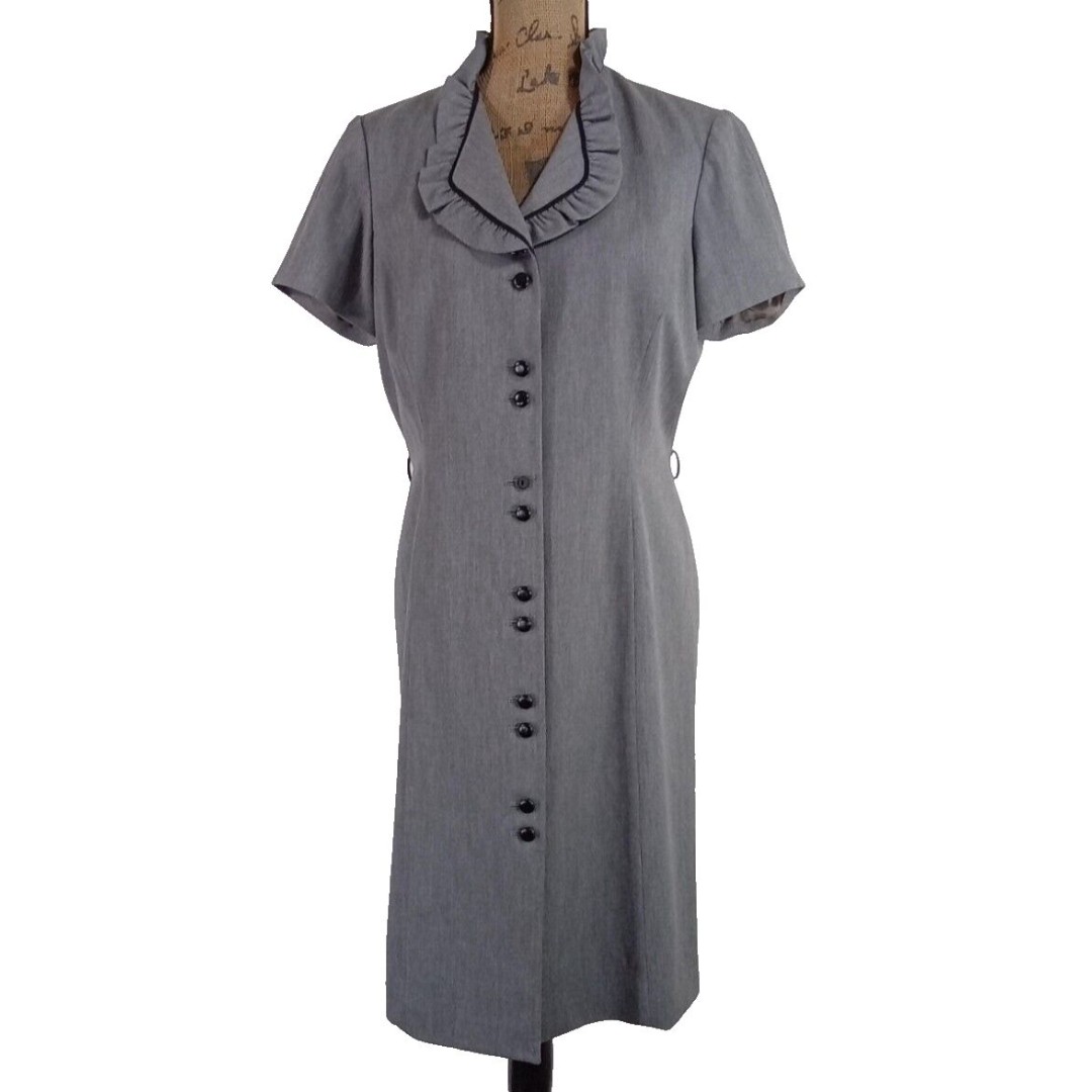 Tahari Dress 10 Gray Ruffle Black Trim Button Cap Sleeve Sheath Chic NO BELT