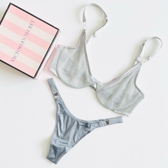 34DD MEDIUM Victoria’s Secret silver bra set