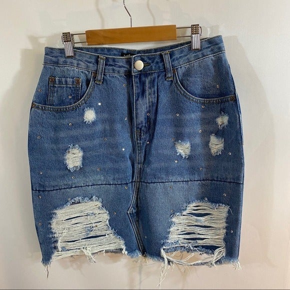 boohoo Blue Distressed Denim Skirt