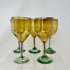 Set of 5 Vintage Hand Blown Goblets Wine Glasses Amber with Green Stem & Foot