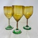 Set of 5 Vintage Hand Blown Goblets Wine Glasses Amber with Green Stem & Foot