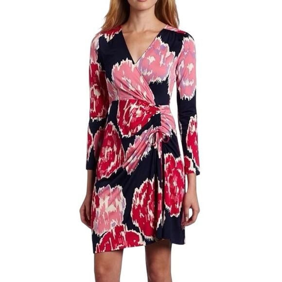 Lilly Pulitzer Augusta Bravissimo Dress Pink Navy Floral 3/4 Sleeve Ruched Side