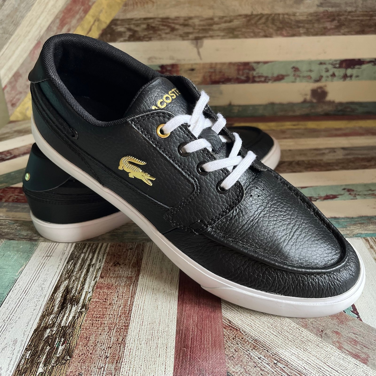 Lacoste Men's Bayliss-Deck Boat Shoes Sneakers Lace-Up Black/White EUC SZE 9
