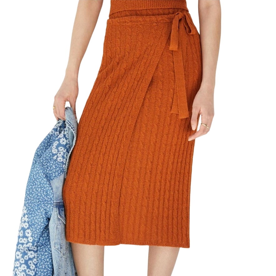 Anthropologie 2X Current Air Ribbed Knit Skirt Brown Pull On Faux Wrap