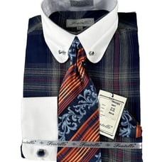 Fratello Men's Dress Shirt Navy Red Melon Cream Tie Hanky Cufflinks Size 15.5