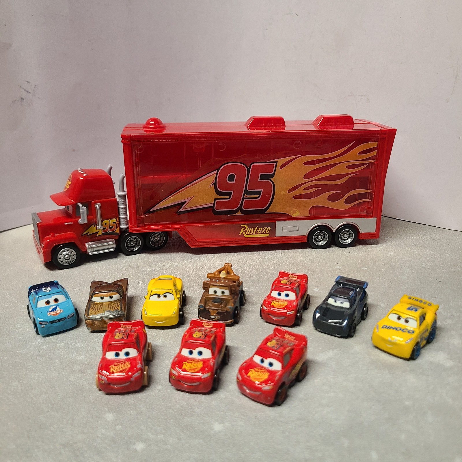 Pixar Cars MINI RACERS & MACK HAULER LOT - 10 Cars & Truck Transporter - Disney