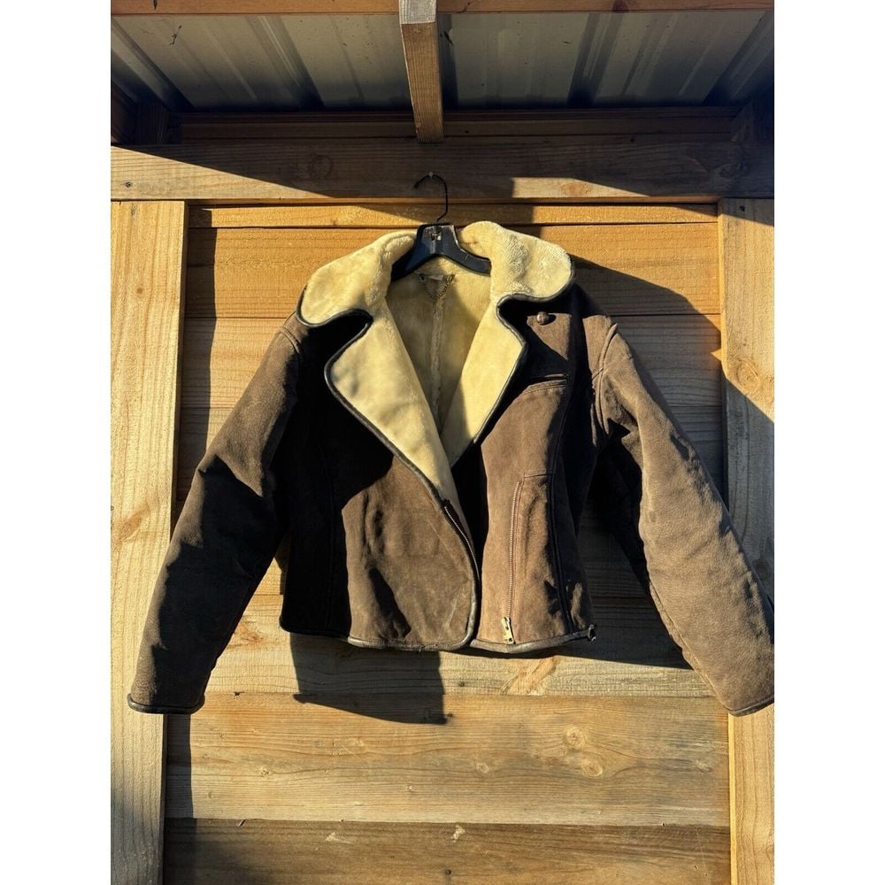 Synergy Genuine Leather Faux Shearling Heavy Warm Winter Moto Jacket Brown M