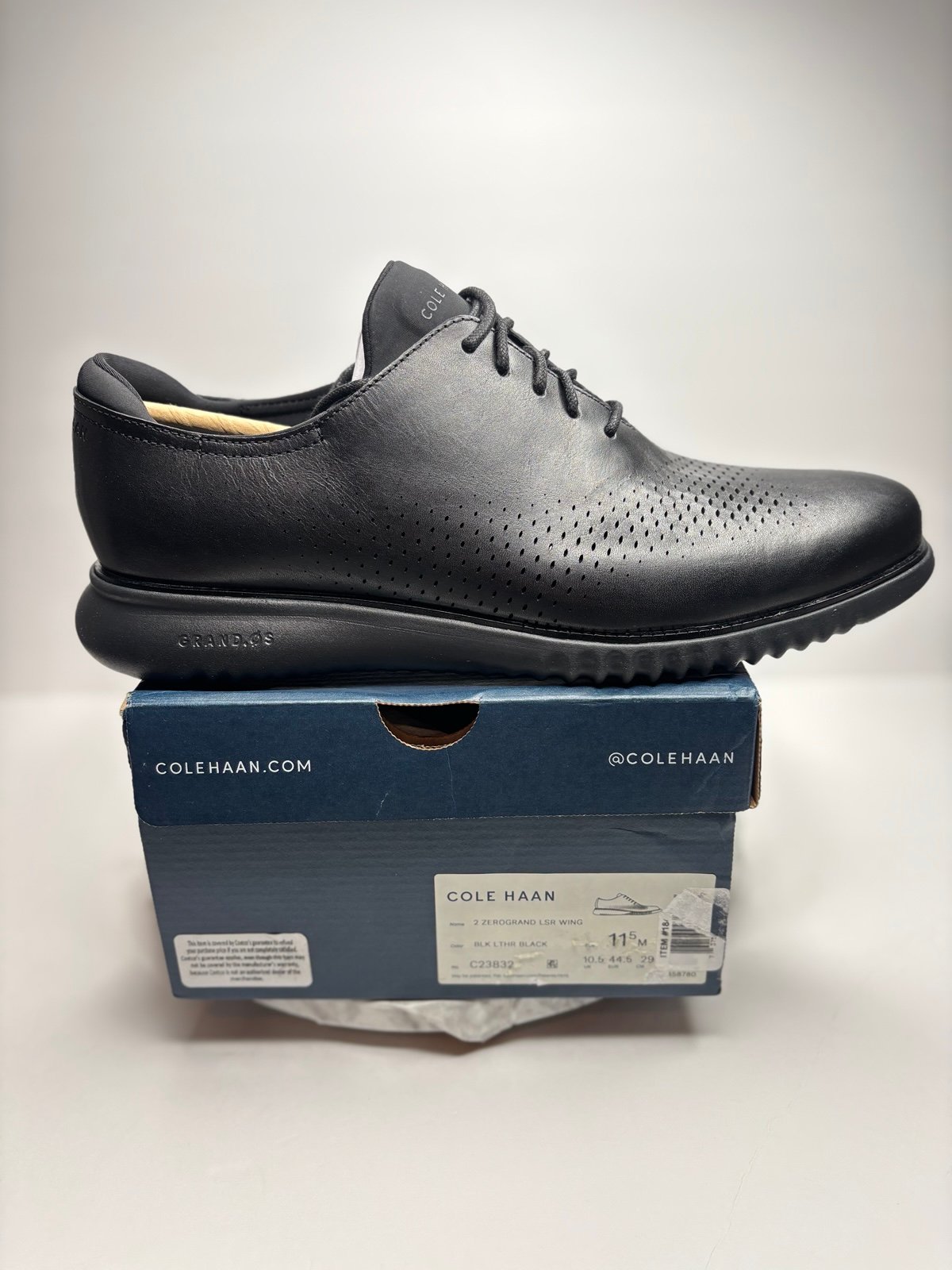 Size 11.5- Cole Haan Men's 2.ZeroGrand Laser Wingtip Oxford Black Leather