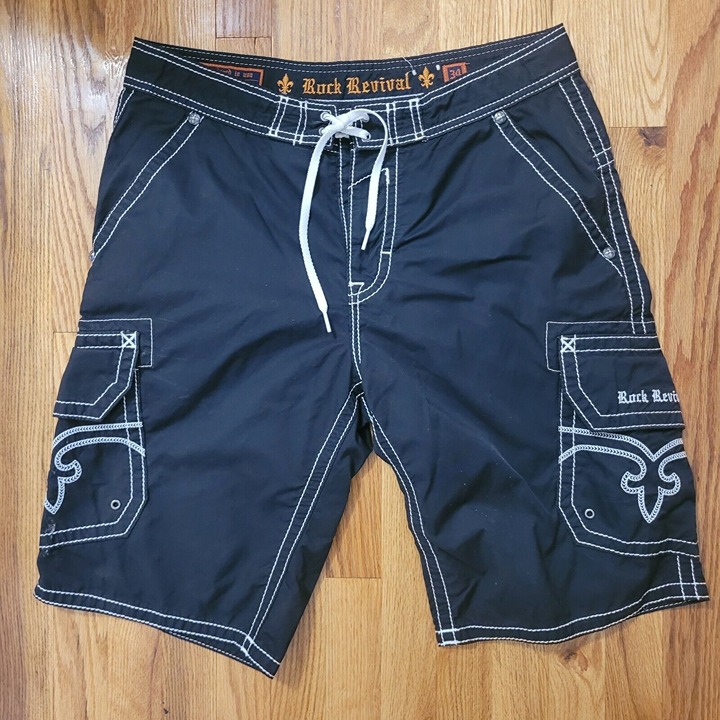 Vtg Rock Revival Cargo Shorts Size 34 Nylon Board Shorts Black Long Logo Pockets