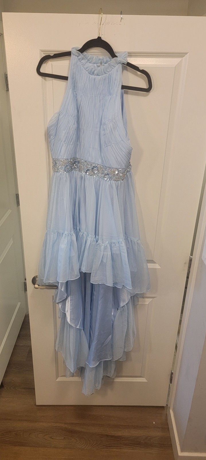 NEW MAC DUGGAL HALTER NECK HIGH LOW FLOWY GOWN in Ice Blue SZ 10 #WD161