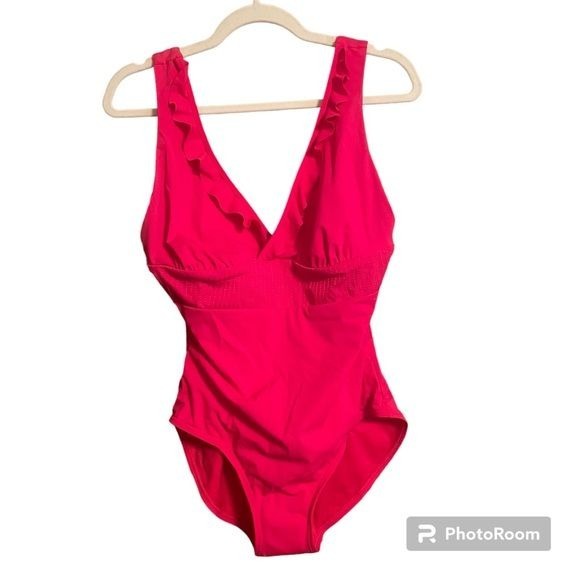 SPANX one piece swimsuit hot pink ruffle detail Size 12 NWOT